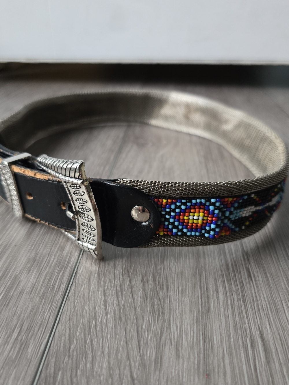 Seed Bead Geometric Belt Silver Mesh Black Western Boho Festival